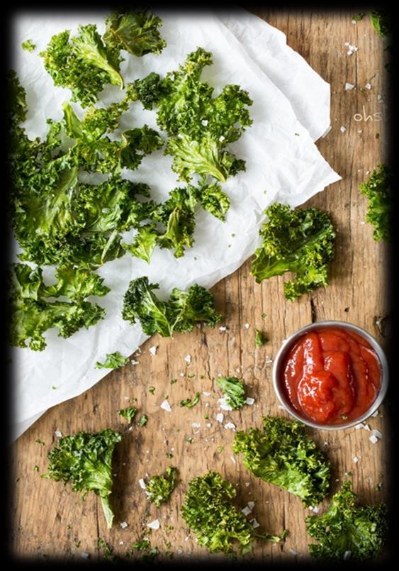 Kale Chips Kale / [1 large bag] Olive Oil / [1 Tbsp per sheet] Salt & Pepper To taste 1. Preheat oven to 350ºF. 2. Place a single layer of kale pieces on a baking sheet. 3. Drizzle a light coating of olive oil over the kale and season with salt.