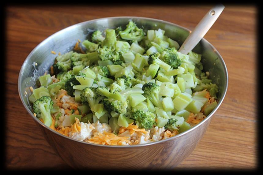 Chicken, Broccoli & Rice Casserole Serves 15-18 Rice / [10 cups] Brown or white, cooked Chicken / [4 cups] Baked, chopped Broccoli / [4 cups] Lightly steamed, chopped Cream of Mushroom Soup / [2