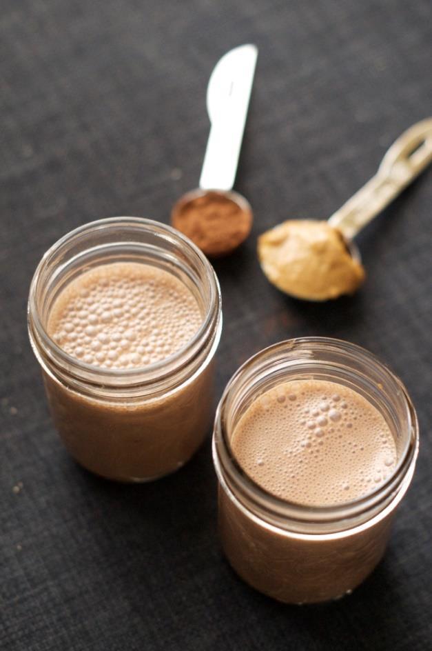 CHOCOLATE PEANUT BUTTER SMOOTHIE Adapted from Smart Nutrition, Serves 2 1 banana (cut into chunks and frozen) 3 tbsp cocoa 2 tbsp peanut butter 1 tbsp