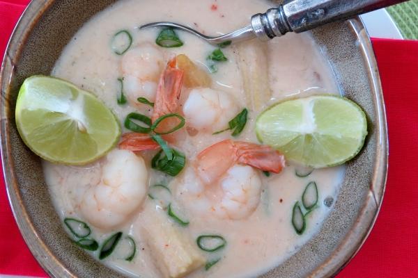 Shrimp & Coconut Milk Soup Serves four 4 cups (1 liter) chicken stock 1/2 pound (250 grams) of peeled and deveined shrimp 1 medium ripe tomato 1 small yellow onion peeled 2 large garlic cloves peeled
