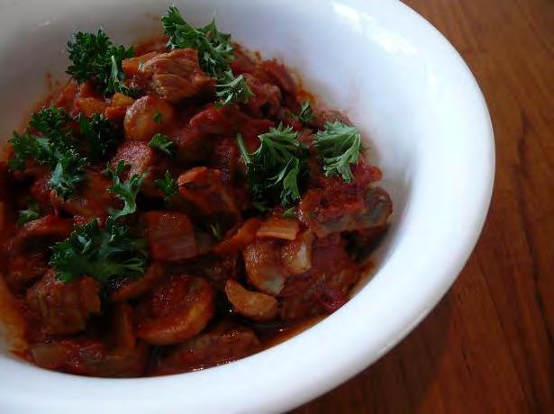 Beef and Mushroom Goulash 500g diced beef 2tbs olive oil 1 onion, diced 200g button mushrooms, sliced 3tbs ground paprika 600g can diced tomatoes Parsley to serve Salt and pepper In a medium pan, fry