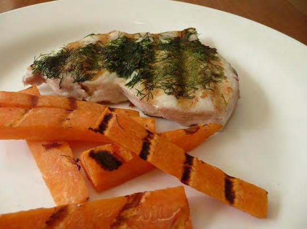 .. Dill Coated Swordfish with Grilled Sweet Potato Chips 2 small swordfish steaks 2tbs freshly chopped dill ½ sweet potato, peeled and sliced into fingers Olive oil Pre-heat grill on medium heat.