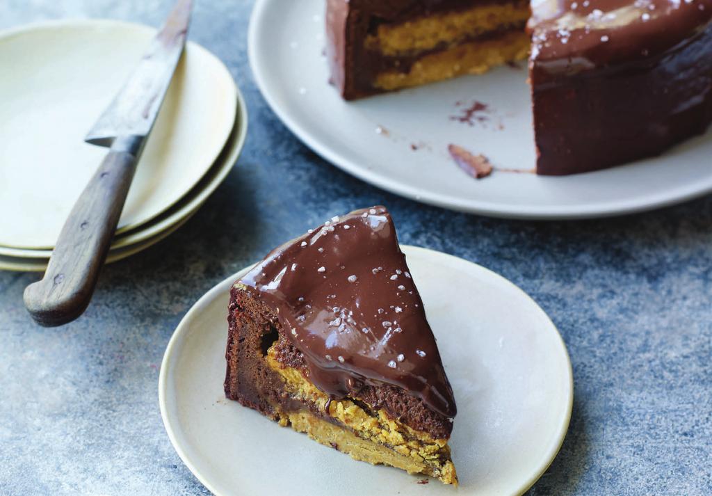 Salted butter caramel cake SERVES 8-10 200g (7oz) dark chocolate, roughly 100g (3½oz) unsalted butter, plus extra for greasing 150ml (¼pt) milk 4 free-range eggs, separated 125g (4oz) golden caster