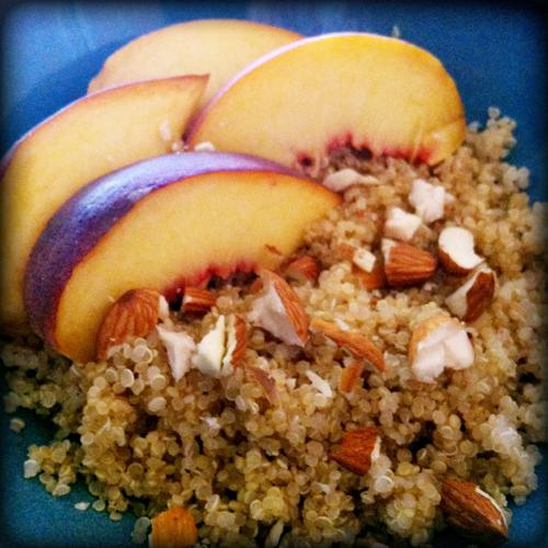 Sweet Quinoa Breakfast Scramble 1 oz Raw Almonds 1 tsp Cinnamon (divided) 1 Small Apple (sliced, you can also use peaches) Place apples in small skillet.