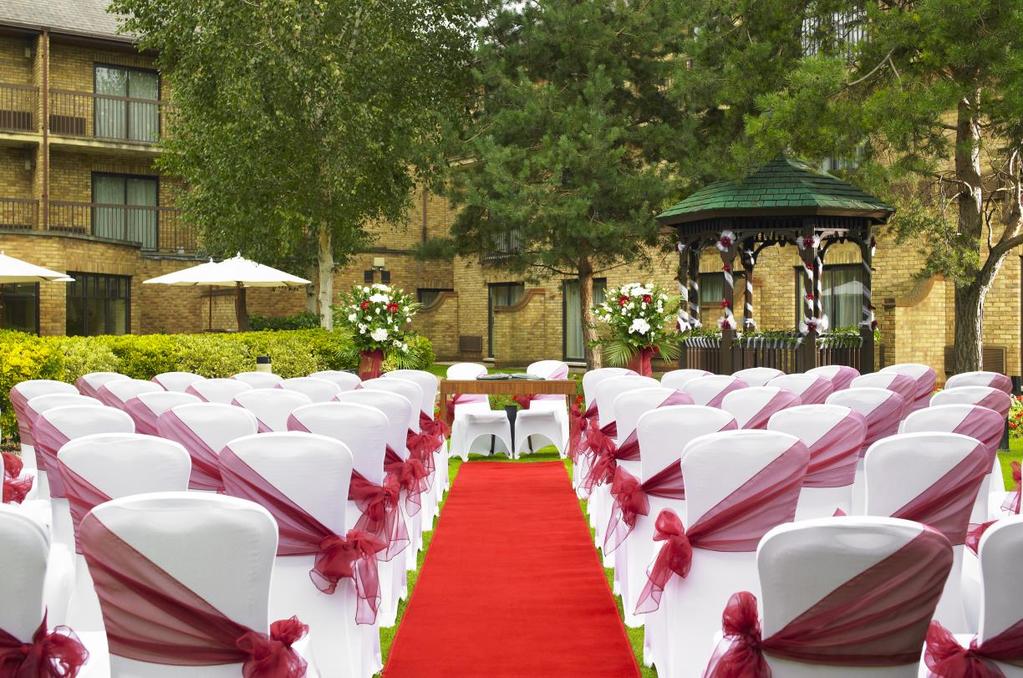 Cheshunt Marriott Hotel WEDDING CEREMONY 350.00 Inclusive of VAT @ 20% Set with white chair covers our picturesque Courtyard Garden offers the perfect setting for your Wedding Ceremony.