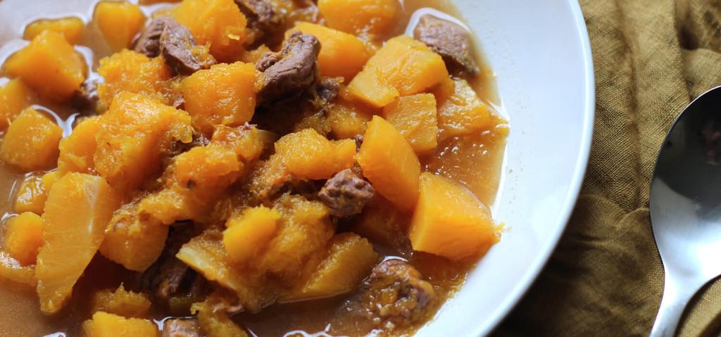 8 HOURS Stewing Beef (chunks) Butternut Squash (peeled and cubed) Beef Broth Sea Salt (to taste) Heat a skillet over medium heat. Add the beef and cook for 2-3 minutes, to brown.