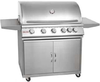 In. of Grill 10,000 BTU Infrared Rear Rotisserie Burner 5Cast Stainless Steel Burners 14,000 BTUs each 8 mm Stainless Steel Grate Rods DoubleLined Hood BuiltIn Thermometer Warming Rack Heat Zone