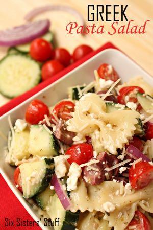 GREEK PASTA SALAD S I D E D I S H Serves: 12 Prep Time: 15 Minutes Cook Time: 10 Minutes 1 (16 ounce) package bow-tie pasta 2 cucumbers (sliced and quartered) 2 cups grape tomatoes (halved) 1 (6