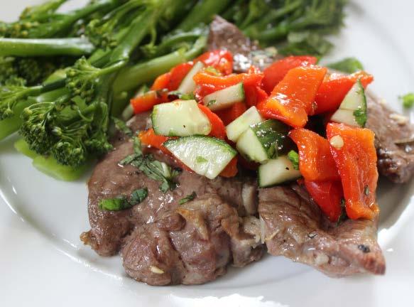 Lamb steaks with roasted red peppers 15ml extra virgin olive oil 2-3 garlic cloves, finely chopped pinch of salt and pepper 360g lamb shoulder steaks a large sprig of fresh rosemary for the red