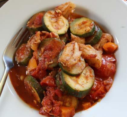 Quick fish ratatouille 1 tsp extra virgin olive oil 3 garlic cloves, finely chopped 60g bell pepper (any colour), chopped 5 vine-ripened tomatoes, chopped 3 courgettes, chopped 200g tinned chopped