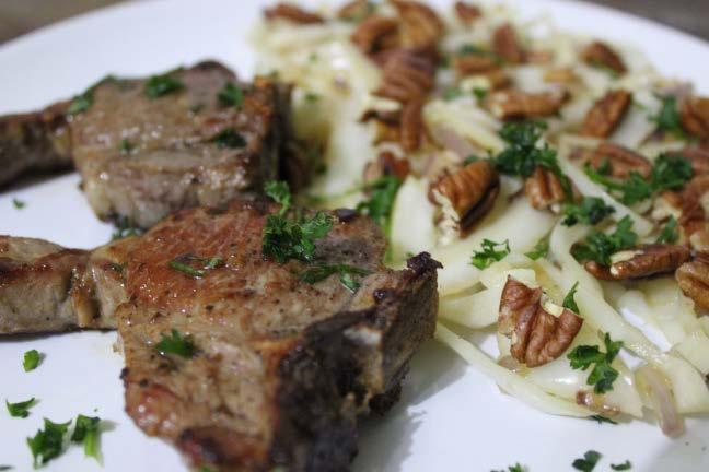 Lamb chops with white cabbage & red onion stir fry 1 tsp ghee or butter 4 lamb chops 200g white cabbage, chopped 60g red onion, chopped 2 cloves garlic, finely chopped a few sprigs of fresh parsley,