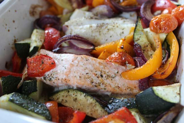 Mediterranean salmon & cod bake 1 courgette, chopped 1 medium red onion, chopped 2 garlic cloves, finely chopped 150g cherry tomatoes, halved 2 bell-peppers (any colour), chopped 30ml extra virgin
