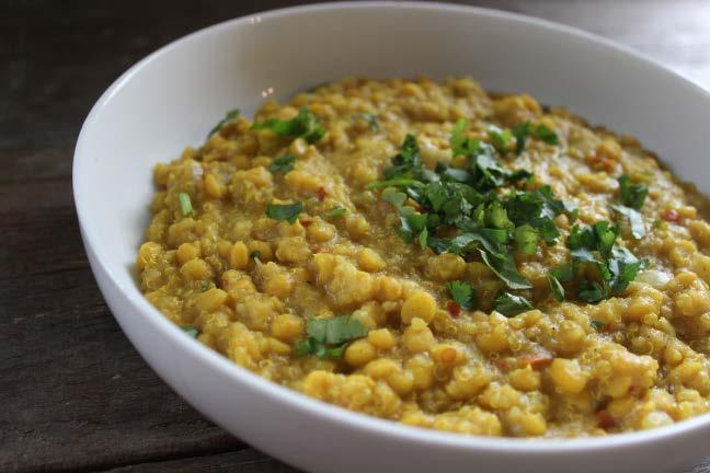 Creamy quinoa & yellow split pea curry 1/2 tsp cumin seeds 5g ghee or coconut oil 1 small cinnamon stick 1 tsp dried crushed red chillis 5-6 curry leaves 1 small red onion, finely chopped 2 cloves