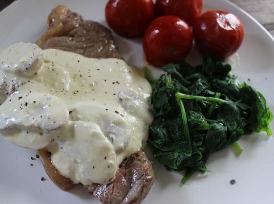 Sirloin steak in a creamy mushroom sauce 1 tsp extra virgin olive oil handful of closed cup mushrooms, sliced 30g soft cream cheese (use dairy free if preferred) 40g plain yoghurt (use dairy free if