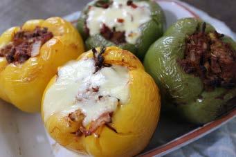 Bolognaise stuffed peppers 1 tsp butter, ghee or coconut oil 1 small white onion, finely chopped half a small carrot, finely chopped 2 sticks celery, finely chopped 200g extra lean beef mince 30g