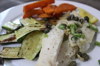 Grilled fish with capers 1 tsp organic butter or coconut oil 1/2 tsp melted butter 350g sea bream (or a similar meaty fish, like halibut), skin removed 2 courgettes, sliced thinly juice and grated