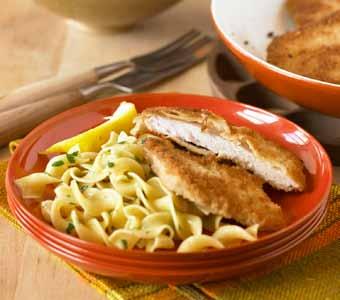 Quick Pork Schnitzel The pork is breaded and fried in this quick and easy German main-dish recipe. Noodles seasoned with parsley round out the meal.