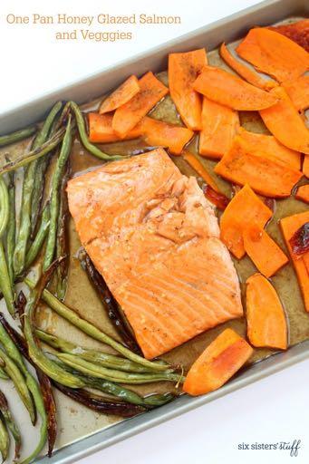 DAY 3 SMALLER FAMILY HEALTHY PLAN-ONE PAN HONEY GLAZED SALMON DINNER M A I N D I S H Serves: 4 Prep Time: 15 Minutes Cook Time: 20 Minutes Calories: 516.4 Fat: 16.3 Carbohydrates: 53.5 Protein: 26.
