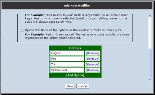 4. Once again, click [Add Modifier] and click [Add a New Modifier]. Enter Choose a Size in the name field.