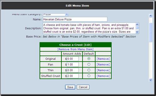 6. When a modifier s method of pricing is Option #1, a section called Base Prices of Menu Item with Modifiers Selected will appear in your menu item.