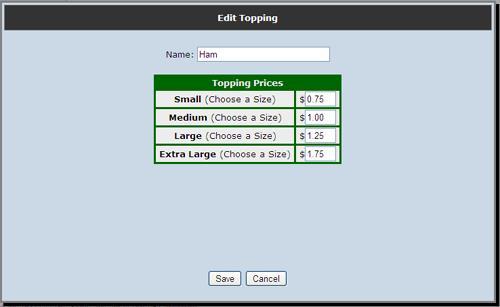 Default. High Speed Waiter will know not to charge extra for the toppings that are on by default. Click Save after inputting the topping prices. 10.