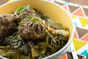 Meal # 12 Herb Crusted Beef and Offal Meatballs with Braised Greens Number of servings 4 Approximate cooking time: 40 minutes Calories 562, Fat 0.1g Carbohydrates 16.1g, Protein 59.