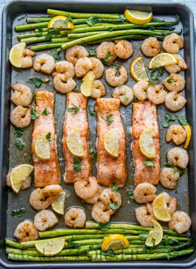 One Pan Baked Salmon Shrimp and Asparagus One Pan Baked Salmon Shrimp and Asparagus 4 servings. Ready in 20 min. Ingredients 6 tbsp butter, sliced, 6 tbsp (85 g) 1/4 tsp paprika, 0.