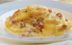 Scalloped Potatoes with Ham Yield: Serves 8 Preparation Time: 20 minutes Cooking Time: 4 hours in slow cooker 3/4 lb (350 g) cooked HAM, diced (about 1-1/2 cups) 1 cup (250 ml) Cheddar cheese,