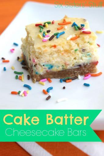 CAKE BATTER CHEESECAKE BARS RECIPE D E S S E R T Serves: 9 Prep Time: 3 Hours 30 Minutes Cook Time: 40 Minutes 1 3/4 cups vanilla wafer crumbs 6 Tablespoons butter (melted) 2 Tablespoons sugar 2 (8