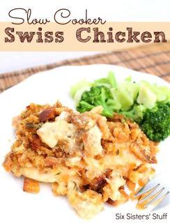 DAY 2 SLOW COOKER SWISS CHICKEN RECIPE M A I N D I S H Serves: 6 Prep Time: 10 Minutes Cook Time: 4 Hours 6 boneless skinless chicken breasts 6 slices Swiss cheese 1 (10.