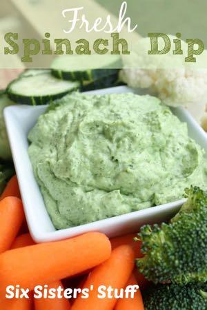 FRESH SPINACH DIP RECIPE WITH VEGGIES S I D E D I S H Serves: 8 Prep Time: 10 Minutes Cook Time: 5 ounces fresh spinach leaves 1 (8 ounce) package cream cheese (softened) 1 teaspoon accent seasoning