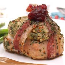 Turkey Tournedos - Sage and Onion British prime turkey medallion topped with sage & onion stuffing all wrapped in rashers of bacon.
