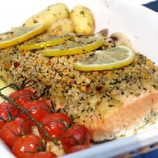 O: Fish & Seafood - Topped and Filled Salmon Side with Crust - Lemon & Tarragon A side of Atlantic Salmon topped with a lemon and tarragon crust finished with lemon