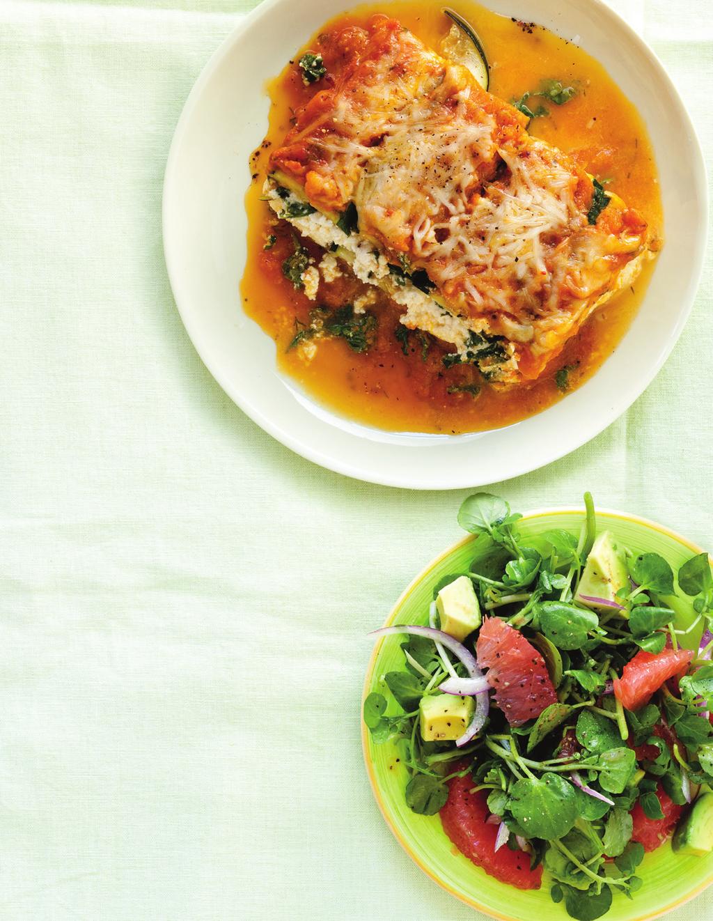 Spring Greens and Zucchini Lasagna This grain-free lasagna has thinly sliced zucchini instead of pasta eggplant makes a great substitute, too and it s served with a roastedcarrot sauce.