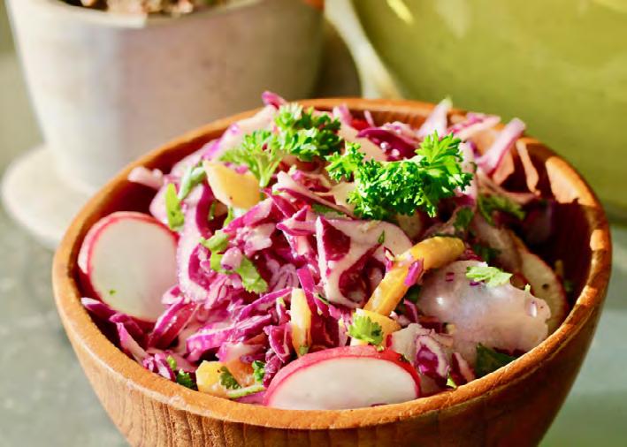MAINS SIDES TAHINI BIKINI SALAD 5 cups shredded Red Cabbage 2 chopped Green onions ½ thin sliced Yellow Bell Pepper 4 thin sliced Radishes 2 T chopped cilantro 2 T chopped parsley For the Dressing: 2