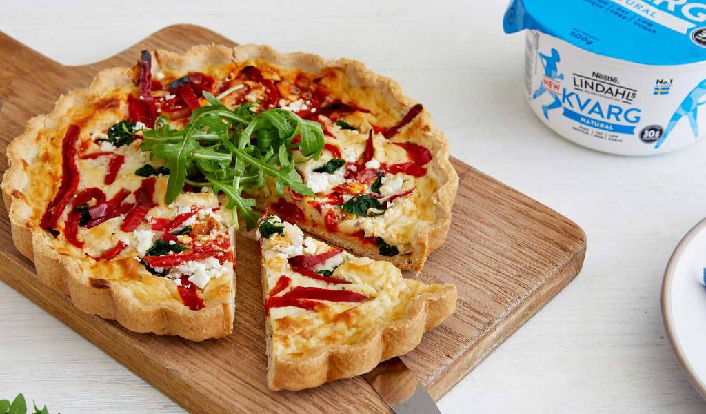 GOATS CHEESE, SPINACH AND PEPPER QUICHE RECIPE SERVES 6 250g Lindahls Kvarg Natural 5 Eggs 150g sliced Roasted Red Peppers 100g Baby Leaf Spinach (finely chopped) 100g Soft Goats Cheese (can be
