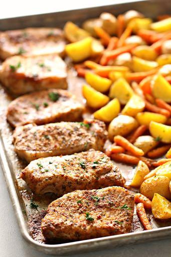 DAY 7 SHEET PAN ITALIAN PORK CHOPS WITH POTATOES AND CARROTS M A I N D I S H Serves: 6 Prep Time: 10 Minutes Cook Time: 40 Minutes 5 Tablespoons olive oil 1 (1 ounce) packet Italian dressing mix 1