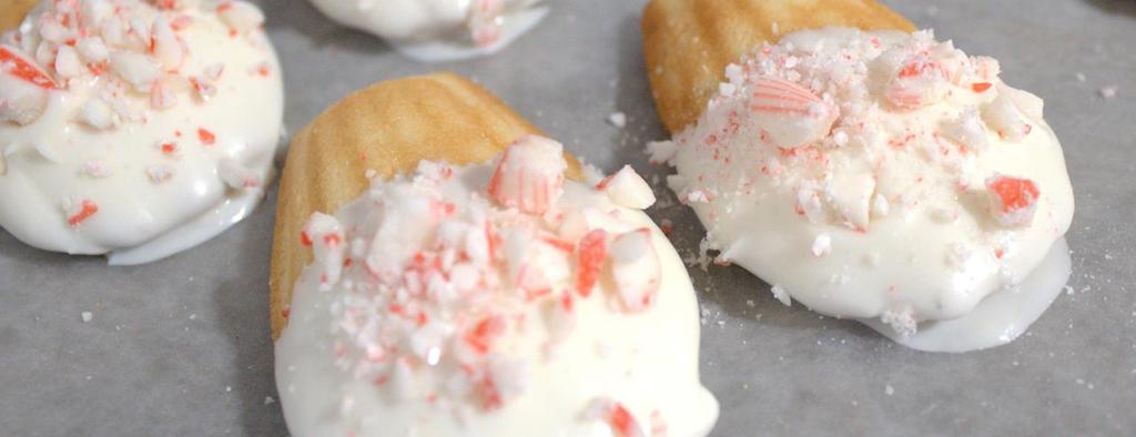 Candy Cane Dipped Madeleines By High Heels, Happy Homestead Ingredients: 16 Donsuemor Traditional Madeleines 1 Bag White Mint Candy