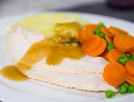 SUNDAY 13TH JAN SUPER EASY SUNDAY ROAST CHICKEN Serves 2 (each serving contains approx 445 kcal) 300g cooked chicken 250g floury potatoes (such as Rooster) 3 carrots 100g frozen peas 1 tbsp butter