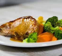 PORK CHOPS WITH MASHED POTATOES & VEG Serves 2 (each serving contains approx 540 kcal) 2 pork loin chops (well trimmed) 250g floury potatoes (such as Rooster or Maris Piper) 3 carrots 1 small head of