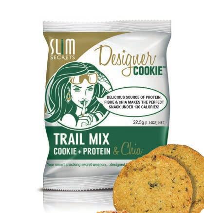 DESIGNER COOKIE TRAIL MIX COOKIE + PROTEIN & CHIA 32.5g Get your morning off to a giddy guilt-free start that will leave your tastebuds roaring with applause.