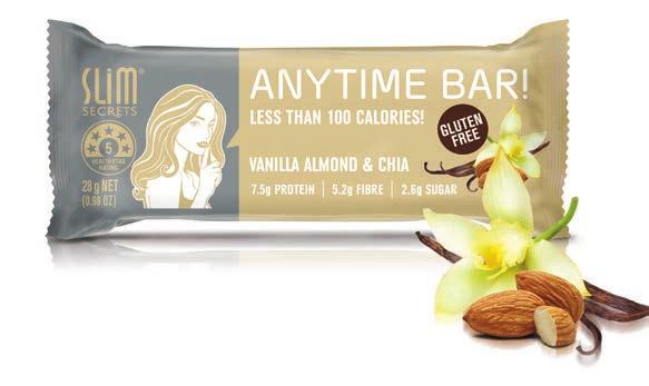 Got the munchies? Low calorie snack for anywhere, ANYTIME! 409kJ DI* per 28 g serve (0.98 oz) 6.3g 1 3.1g 1.4g 6.9g 2% 2.8g 4.8g 1 43mg 2% ANYTIME BAR!