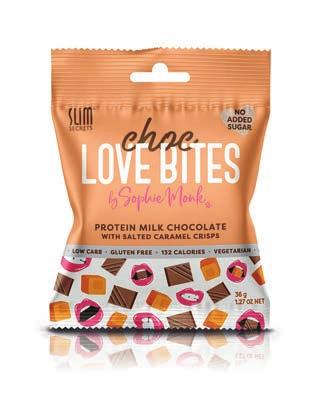 DI* per 36 g serve (1.27 oz) CHOC LOVE BITES PROTEIN MILK CHOCOLATE WITH SALTED CARAMEL CRISPS 36g A sweet treat without the excess sugar so you can enjoy all the pleasure without the gain.