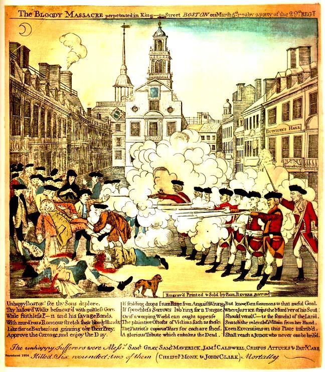 Boston Massacre (1770) Newspaper reproduction of Paul Revere s famous depiction of the Boston Massacre British soldiers standing guard outside the Boston Customs House were surrounded by a mob of