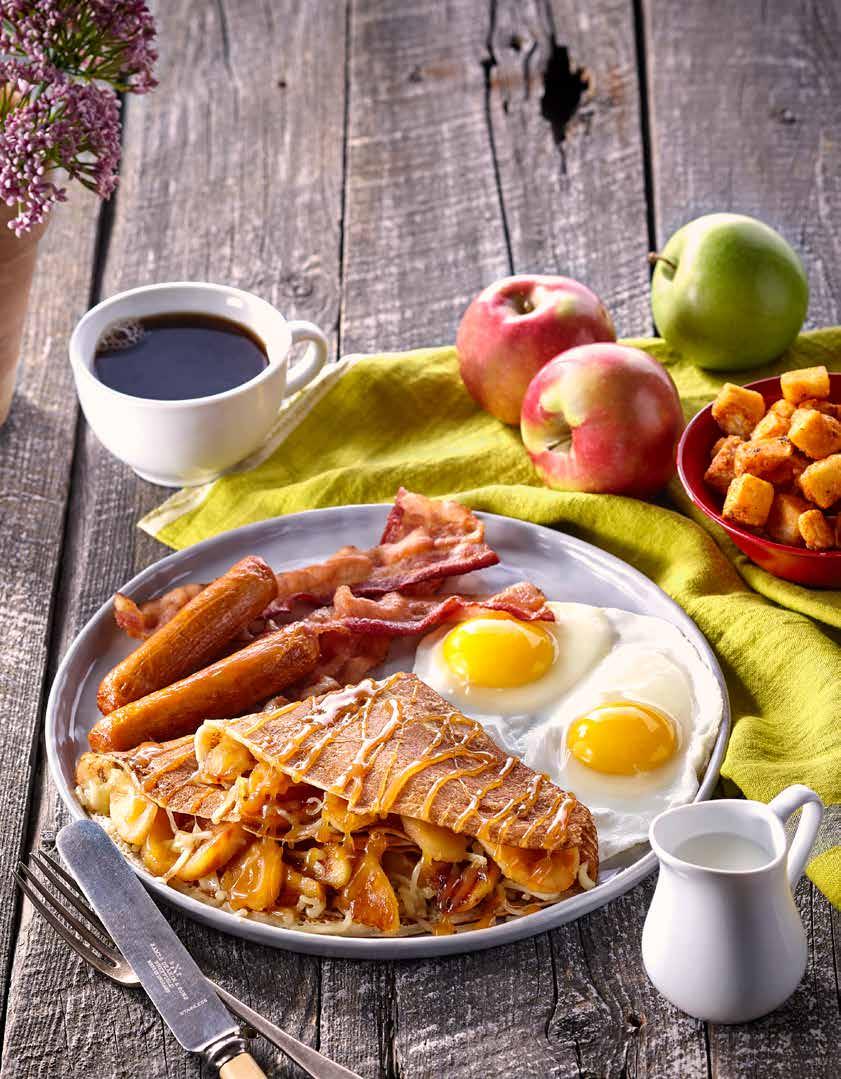 NEW ITEM APPLE CRÊPE COMBO 2 Eggs, sausages and bacon served with a caramelized apple and
