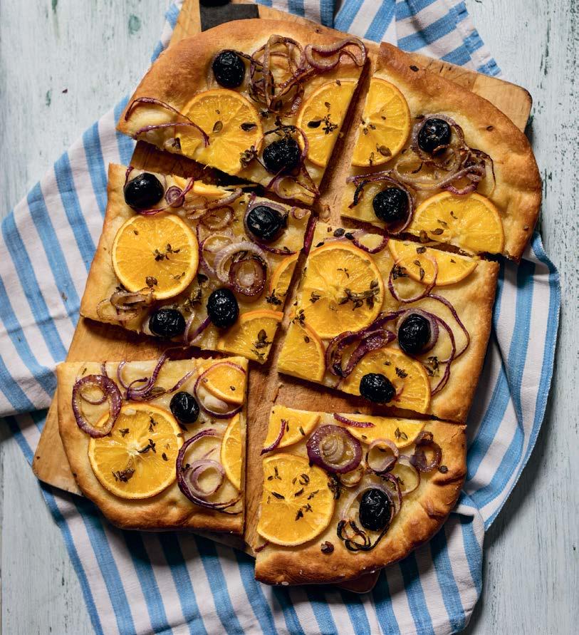 Serves 6 to 8 Savory Orange, Onion, and Olive Focaccia 1 1 2 tablespoons granulated white sugar 2 1 2 teaspoons ( 1 4 ounce / 7 grams) active dry yeast 1 1 4 cups (315 ml) warm water, divided 4 cups