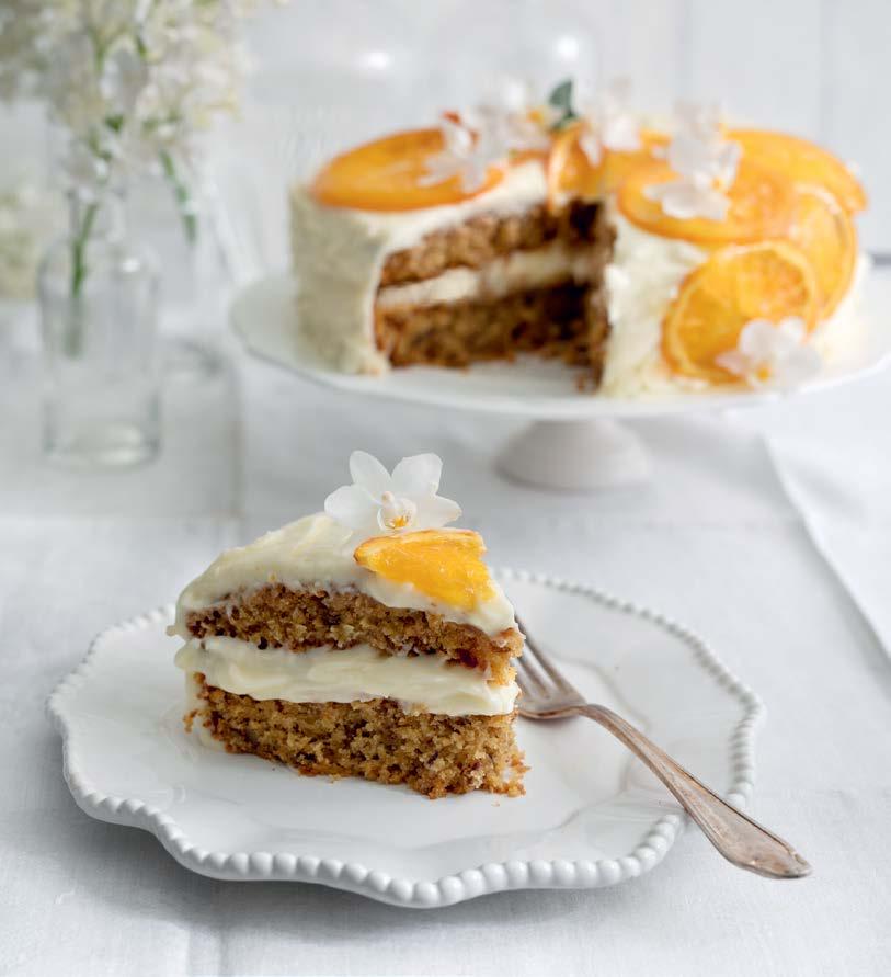 Serves 8 to 10 Orange-Honey Spiced Pecan Cake with Cream Cheese Frosting CAKE 3 medium to large oranges 1 cup (3 ounces / 85 grams) quick cooking oats 8 tablespoons (4 ounces / 115 grams) unsalted