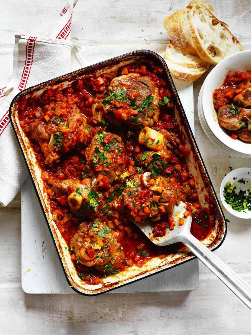 Slow Baked Veal Shanks in Tomato Sauce Prep: 20 mins Cooking: 2 hours 15 mins SERVES: 4-6 8 pieces thick-sliced veal shanks ¼ cup plain flour ¼ cup olive oil 2 carrots, finely chopped 2 stalks