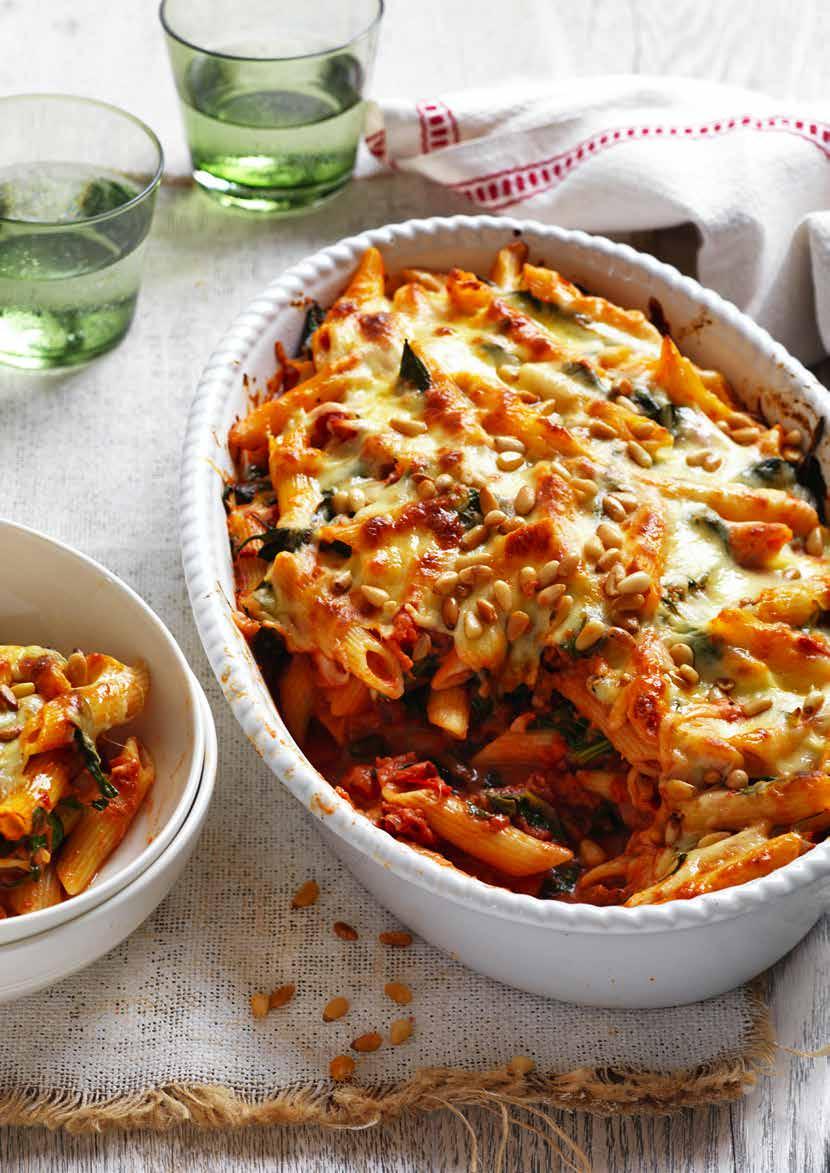 Creamy Tomato, Spinach and Pine Nut Bake Prep: 20 mins Cooking: 40 mins SERVES: 4 400g dried penne pasta 1 ½ tbs olive oil ¼ cup pine nuts 1 brown onion, finely chopped 2 garlic cloves, finely