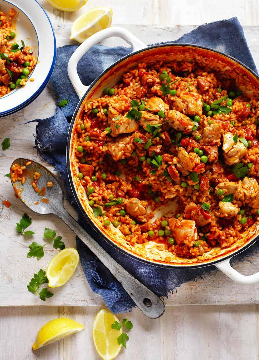 Chicken, Tomato and Chorizo Spanish Style Rice Prep: 15 mins Cooking: 35 mins SERVES: 4 1 tbs olive oil 600g chicken thigh fillets, cut into bite-sized pieces 2 chorizo sausages, diced 2 cups Arborio